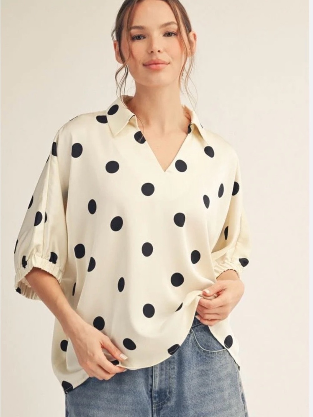 JODIFL Cream Blouse with Black Polka Dots